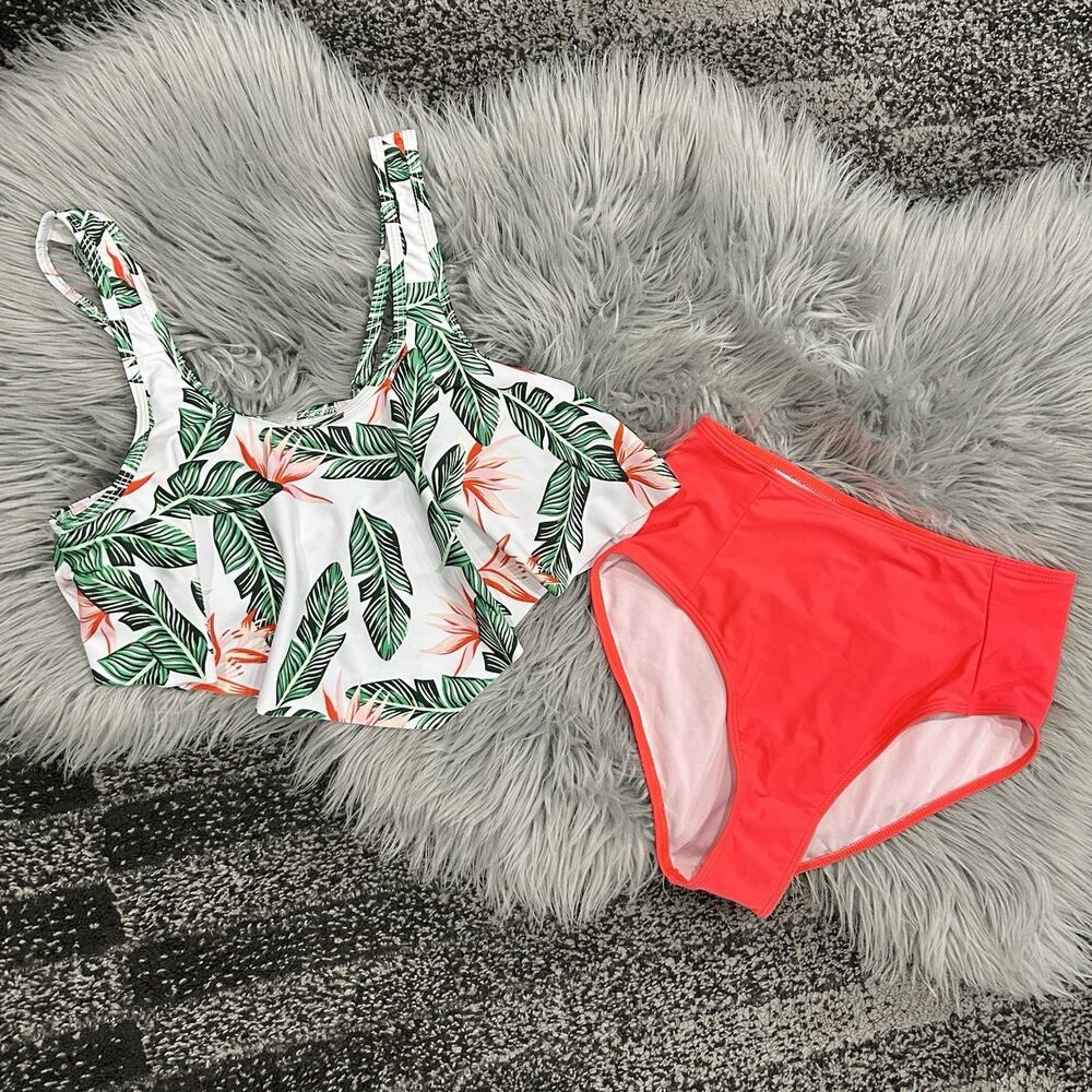 Womens Two Piece High Waisted Tropical Designed Tankini Swimsuit NEW Medium